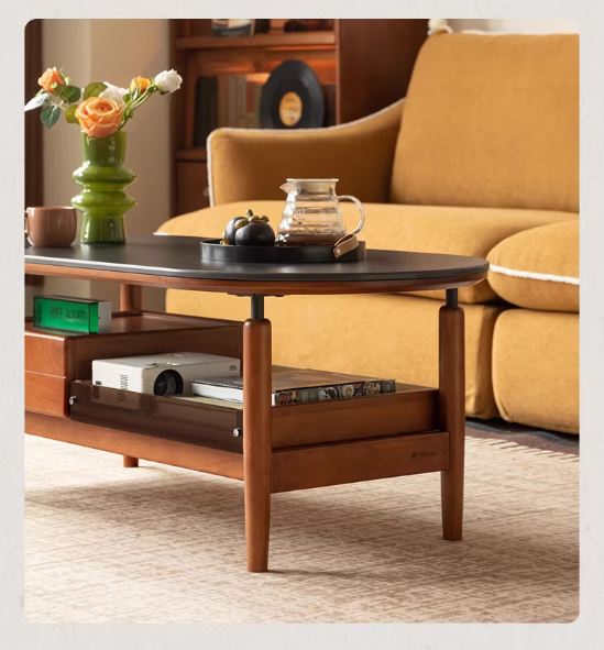 Tulipwood Solid Wood Coffee Table with Rock Slab Top in Retro Style