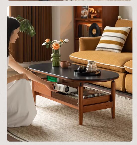 Tulipwood Solid Wood Coffee Table with Rock Slab Top in Retro Style
