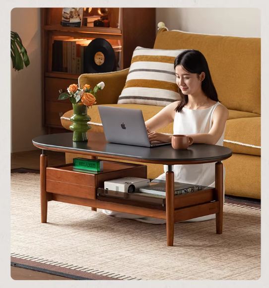 Tulipwood Solid Wood Coffee Table with Rock Slab Top in Retro Style