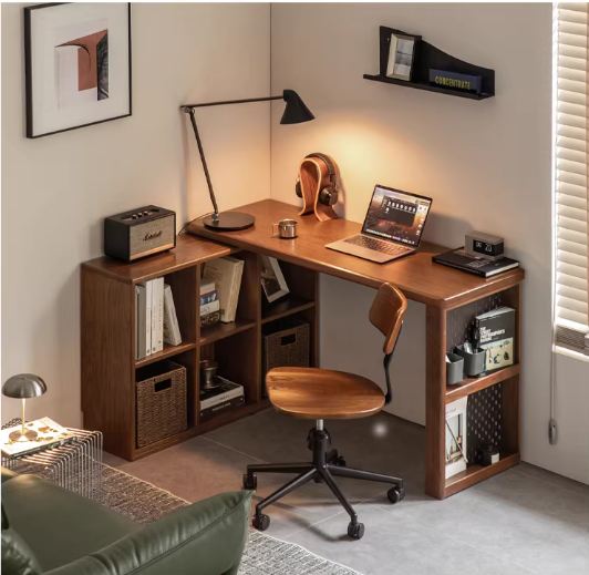 Solid Rubberwood, Oak Solid Wood Telescopic Corner Office Desk
