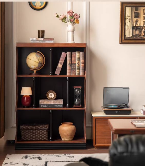 Solid RubberWood French Retro Bookcase with Storage Cabinet