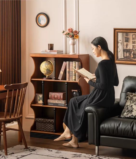 Solid RubberWood French Retro Bookcase with Storage Cabinet