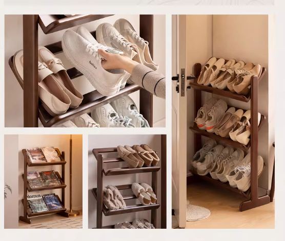Beech Solid Wood Slim Shoe Rack with Tiered Shelves