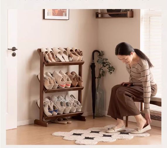 Beech Solid Wood Slim Shoe Rack with Tiered Shelves