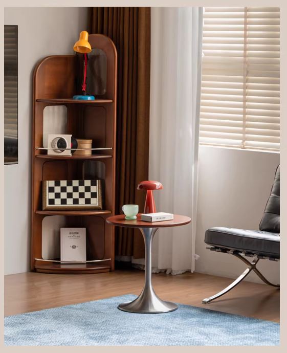 Poplar, Ash Solid Wood Side Table with Round Shape and Wrought Iron Frame