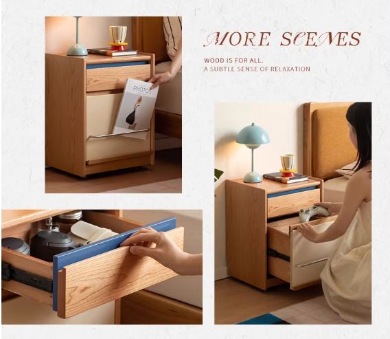 Cherry Solid Wood Nightstand with Storage Drawer and Magazine Holder with Wheels