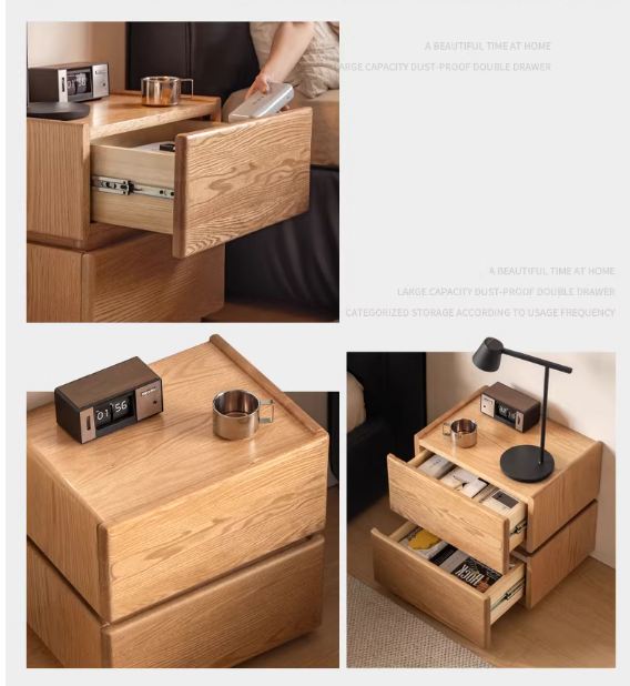 Oak Solid Wood Nightstand with Storage Drawer