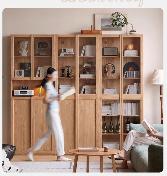 Oak Solid Wood Bookcase with Glass Doors, Large Oak Storage Cabinet for Living Room Display