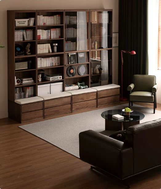 Black Walnut, Sandalwood Solid Wood Light Luxury Combined Bookshelf With Seat