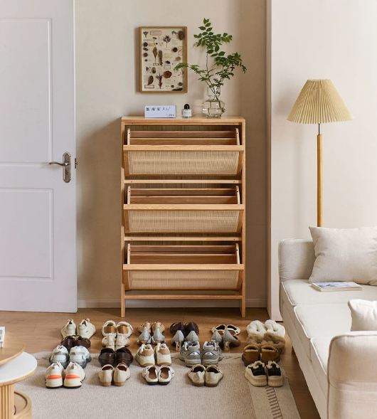 Oak Solid Wood Shoe Cabinet with Modern Minimalist Flip Door, Rattan Accents