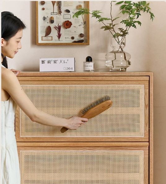 Oak Solid Wood Shoe Cabinet with Modern Minimalist Flip Door, Rattan Accents