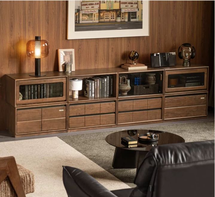 Black Walnut Solid Wood TV Cabinet with Modular Combination and Light Luxury Style