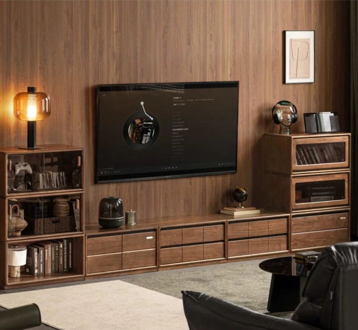 Black Walnut Solid Wood TV Cabinet with Modular Combination and Light Luxury Style