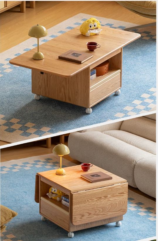 Oak Solid Wood Coffee Table with Foldable Design and Movable Base
