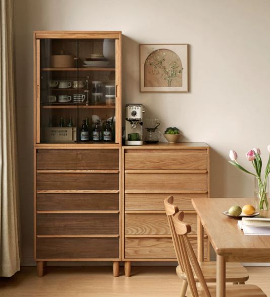 Black Walnut, Oak Solid Wood Glass Display Cabinet with Drawers