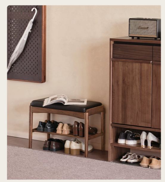 Black Walnut, Sandalwood Solid Wood Genuine leather, Fabrics Shoe Changing Stool