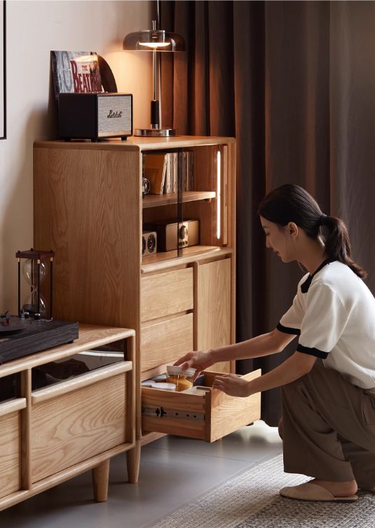 Ash Solid Wood Modern Minimalist Side Cabinet with Light.