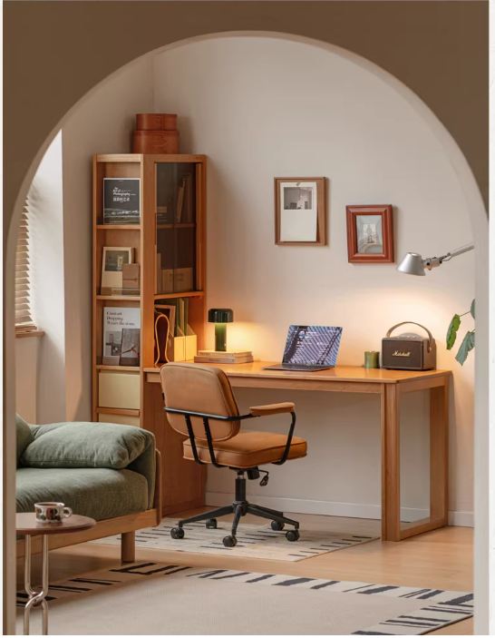 Cherry Solid Wood Office Desk with Integrated Bookshelf