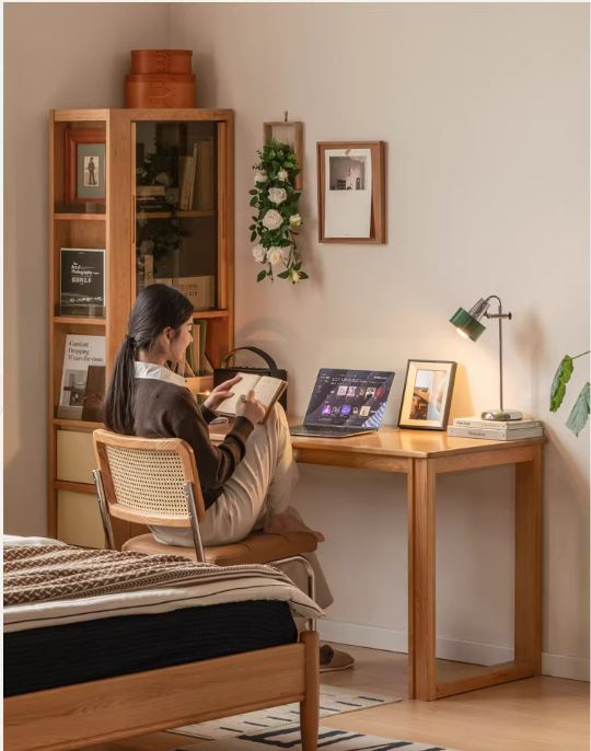 Cherry Solid Wood Office Desk with Integrated Bookshelf