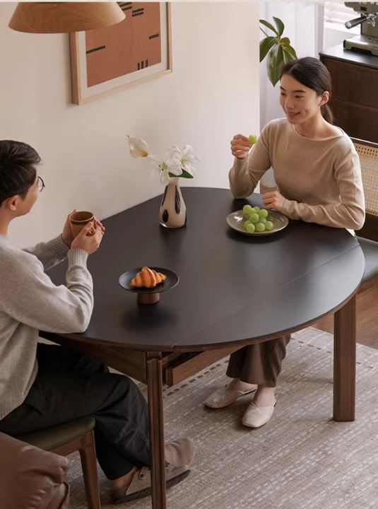 Black Walnut Solid Wood Folding Dining Table with Rock Plate Round Top