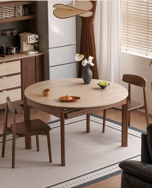 Black Walnut Solid Wood Folding Dining Table with Rock Plate Round Top