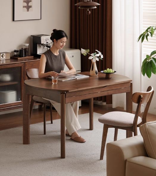 Black Walnut Solid Wood Retractable Round Dining Table