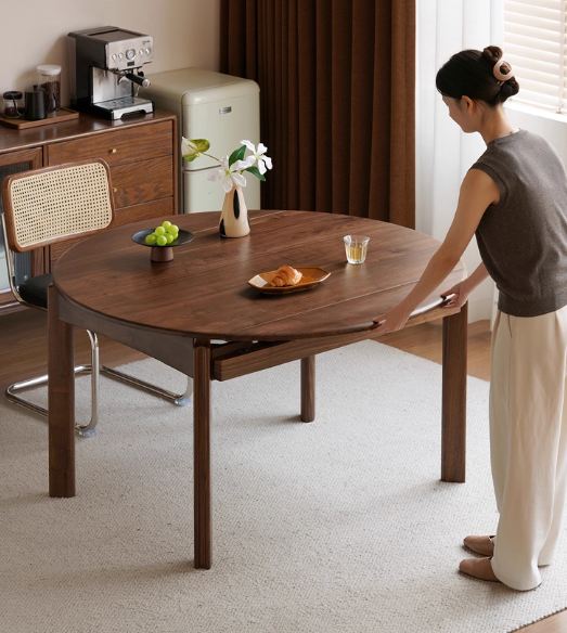 Black Walnut Solid Wood Retractable Round Dining Table