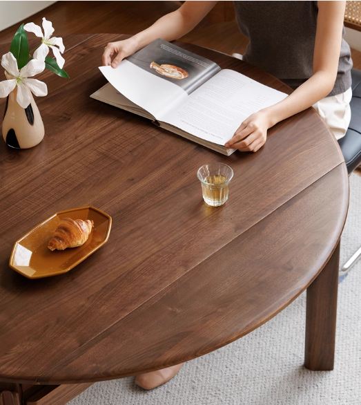 Black Walnut Solid Wood Retractable Round Dining Table