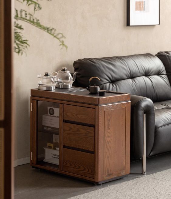 Ash Solid Wood Mobile Tea Cabinet Kettle Integrated