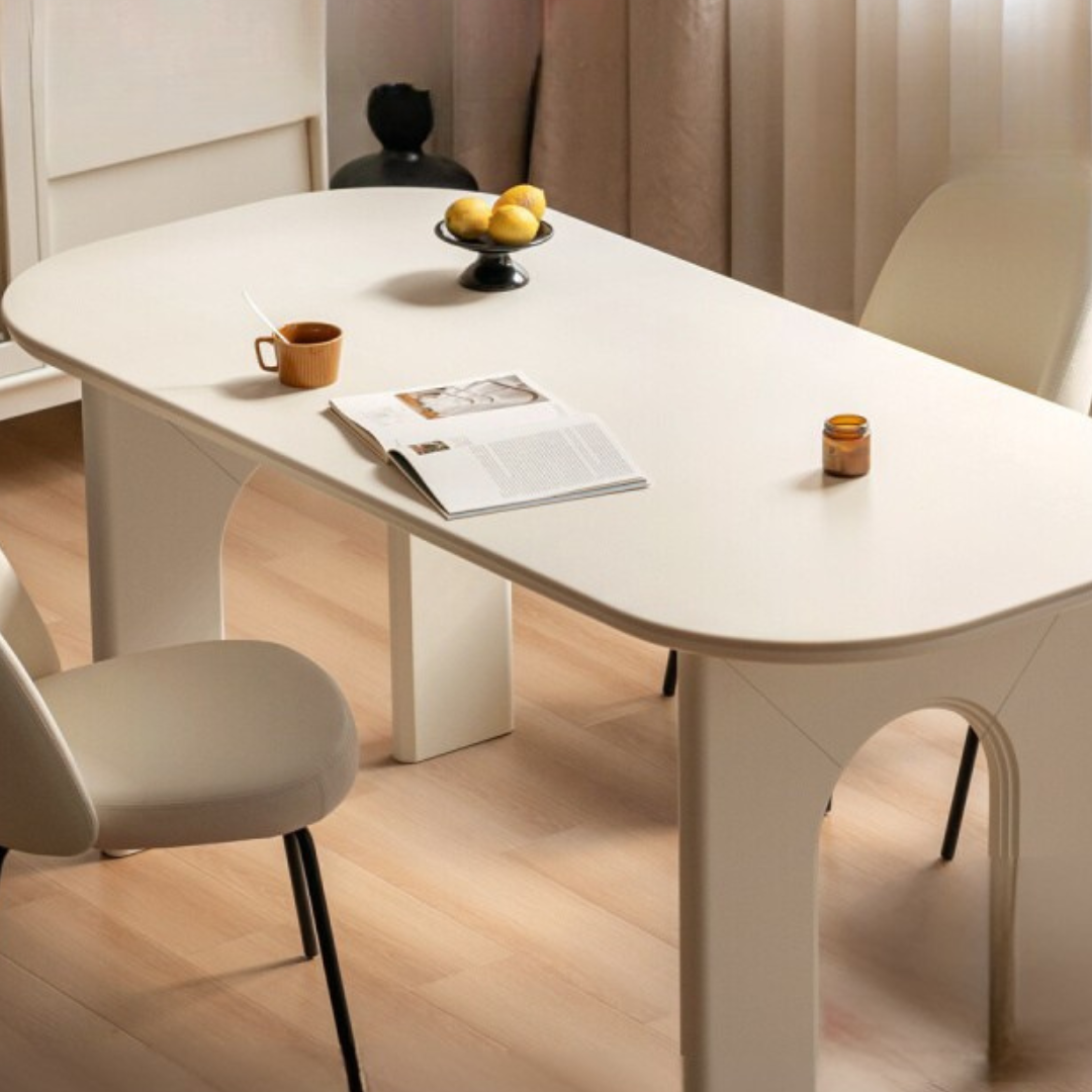 Solid Rubberwood Cream Style Rock Plate Dining Table.