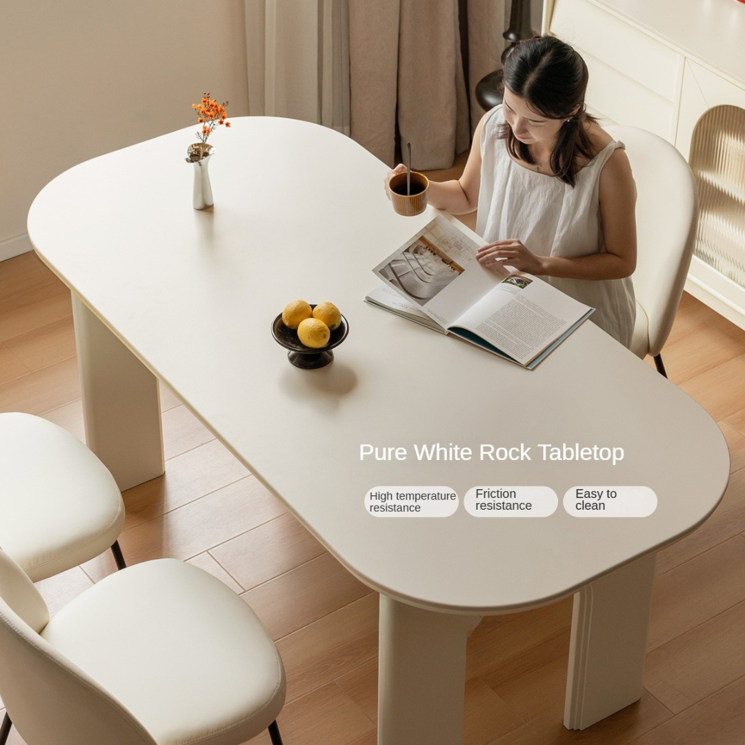 Solid Rubberwood Cream Style Rock Plate Dining Table.