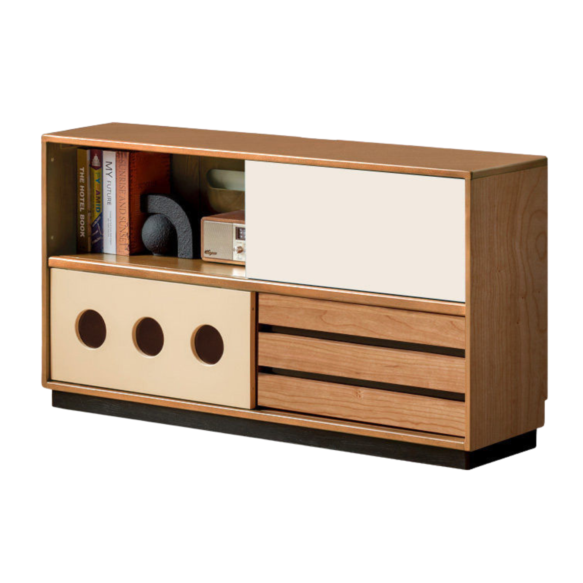 Cherry Solid Wood Vintage TV Stand with Wall-Mounted Tall Cabinet Design