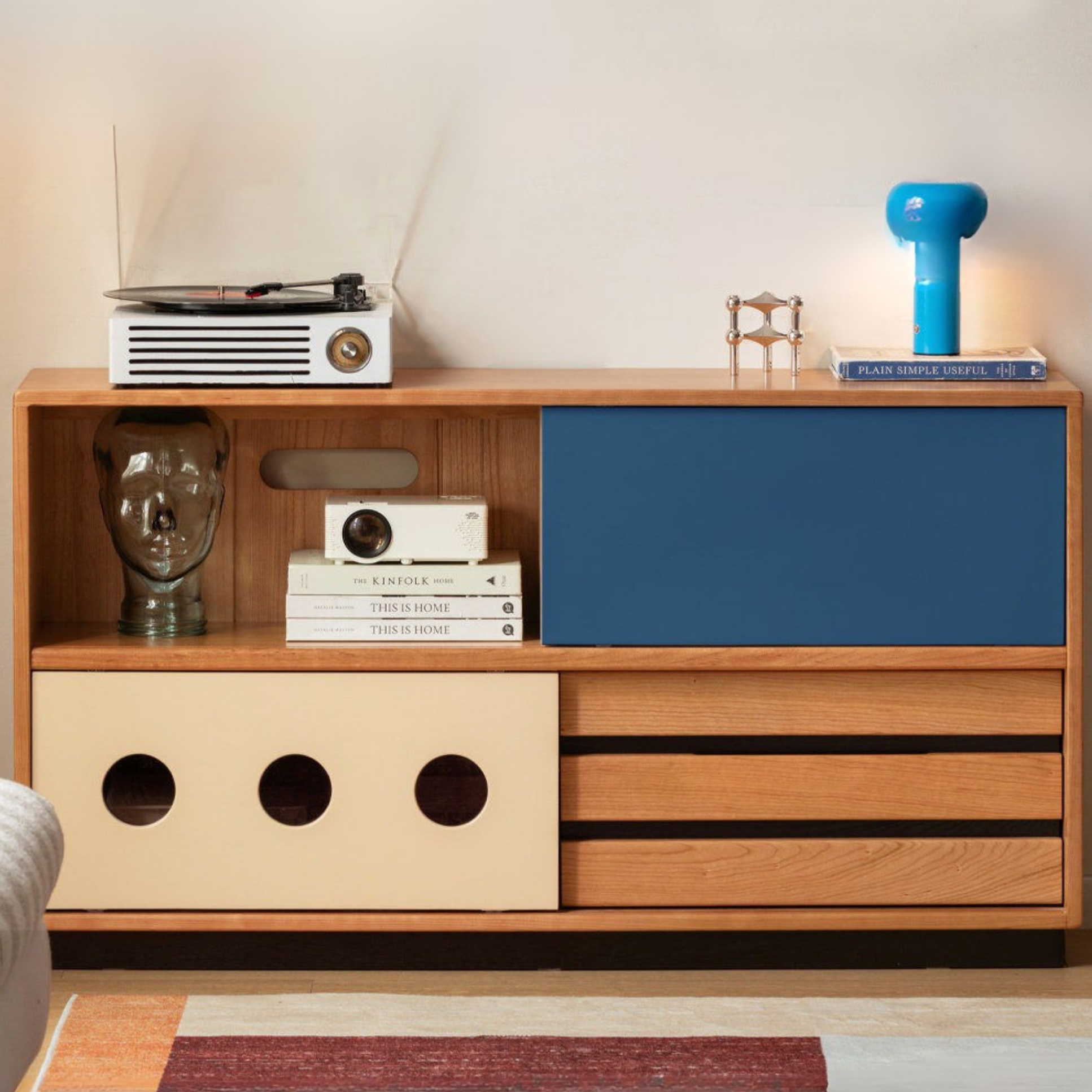 Cherry Solid Wood Vintage TV Stand with Wall-Mounted Tall Cabinet Design