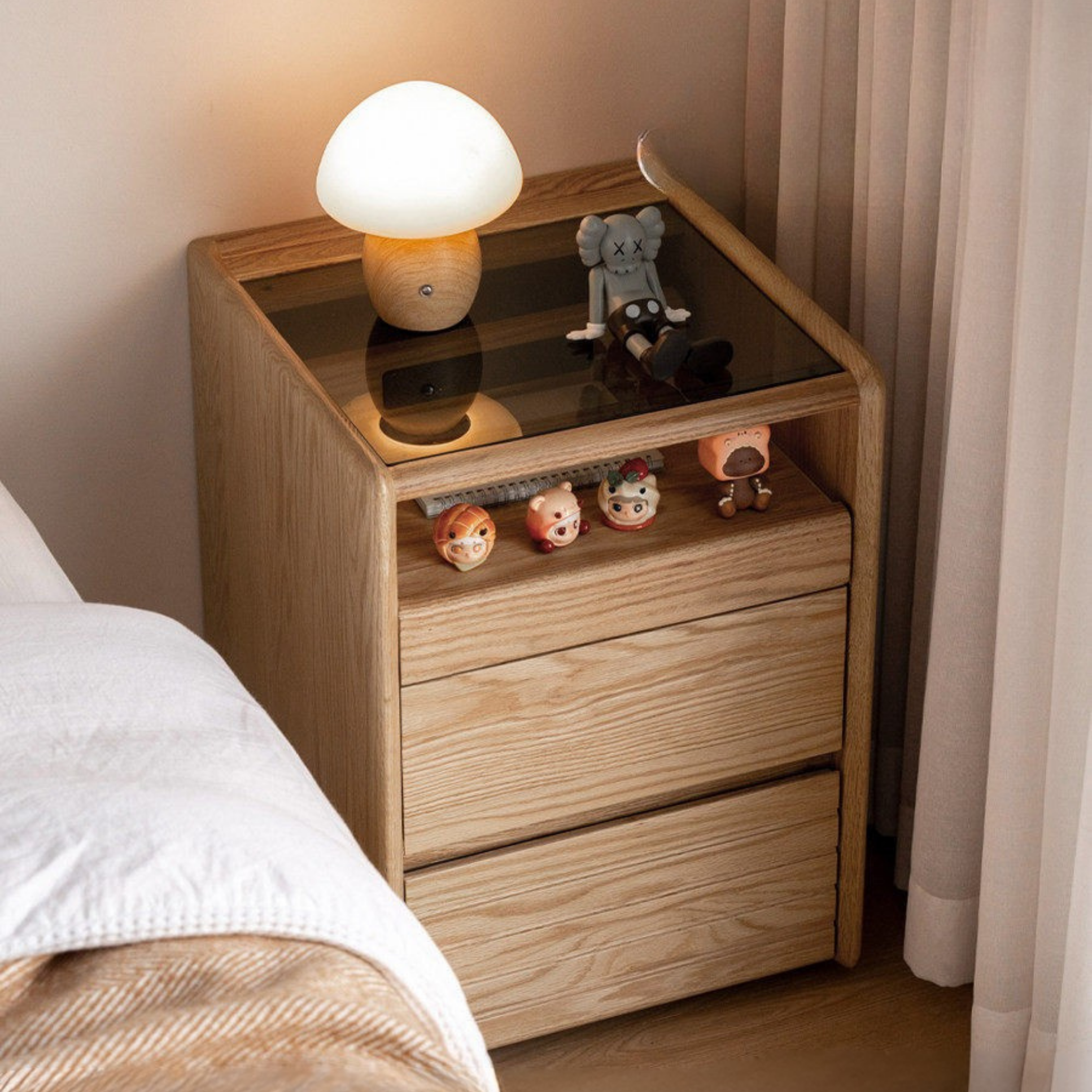 Ash Solid Wood Nightstand With Glass Top