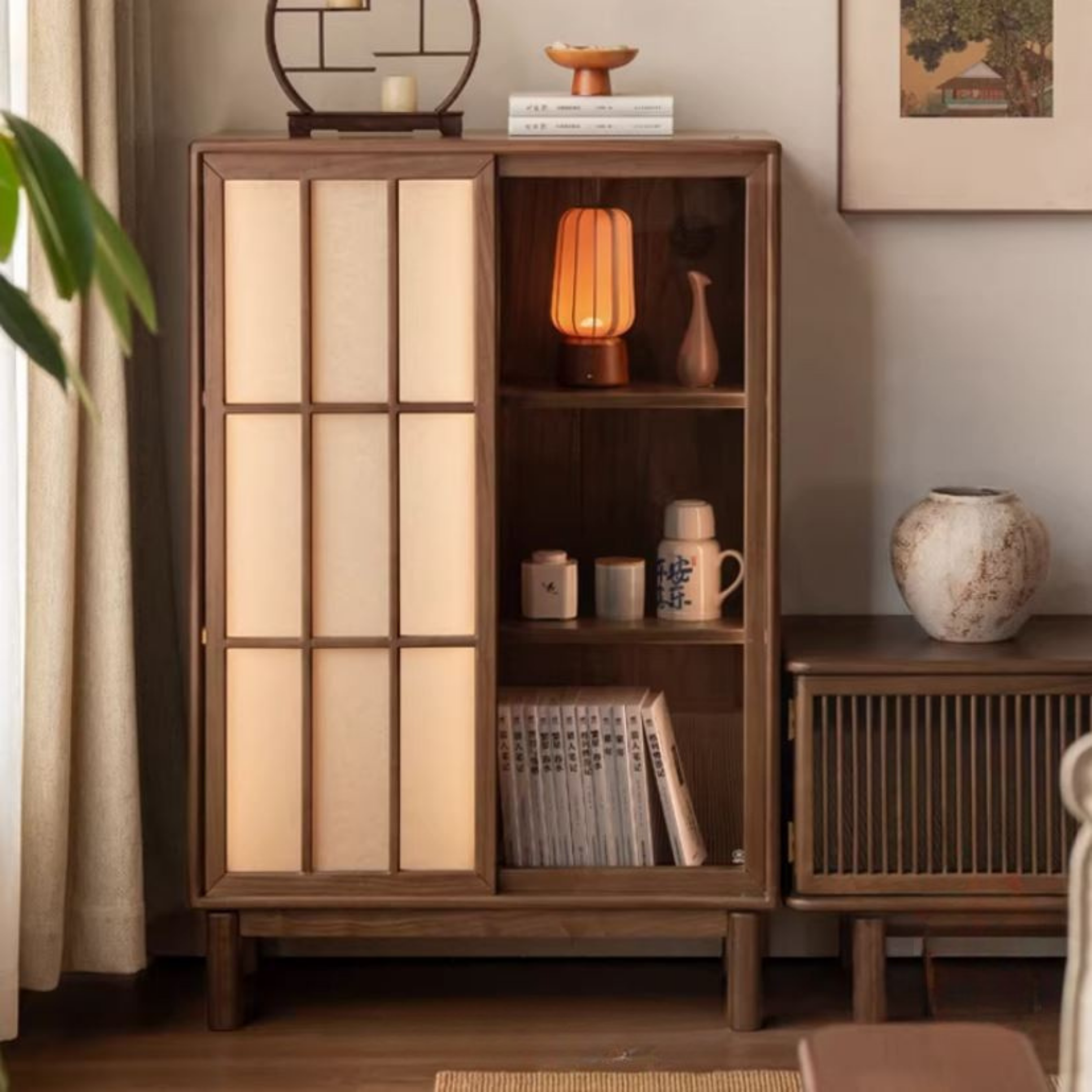 Black Walnut Solid Wood Sliding Door Side Cabinet