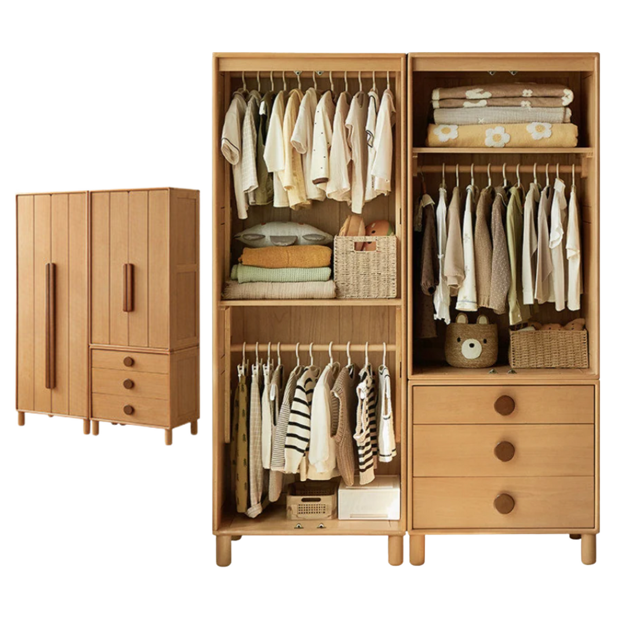 Oak, Beech Solid Wood Kids Wardrobe Free Combination