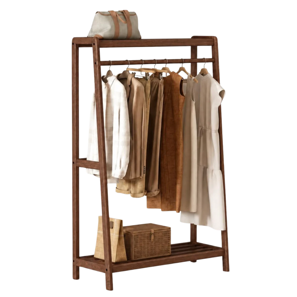 Oak, Rubberwood hanger for small bedroom floor standing storage rack