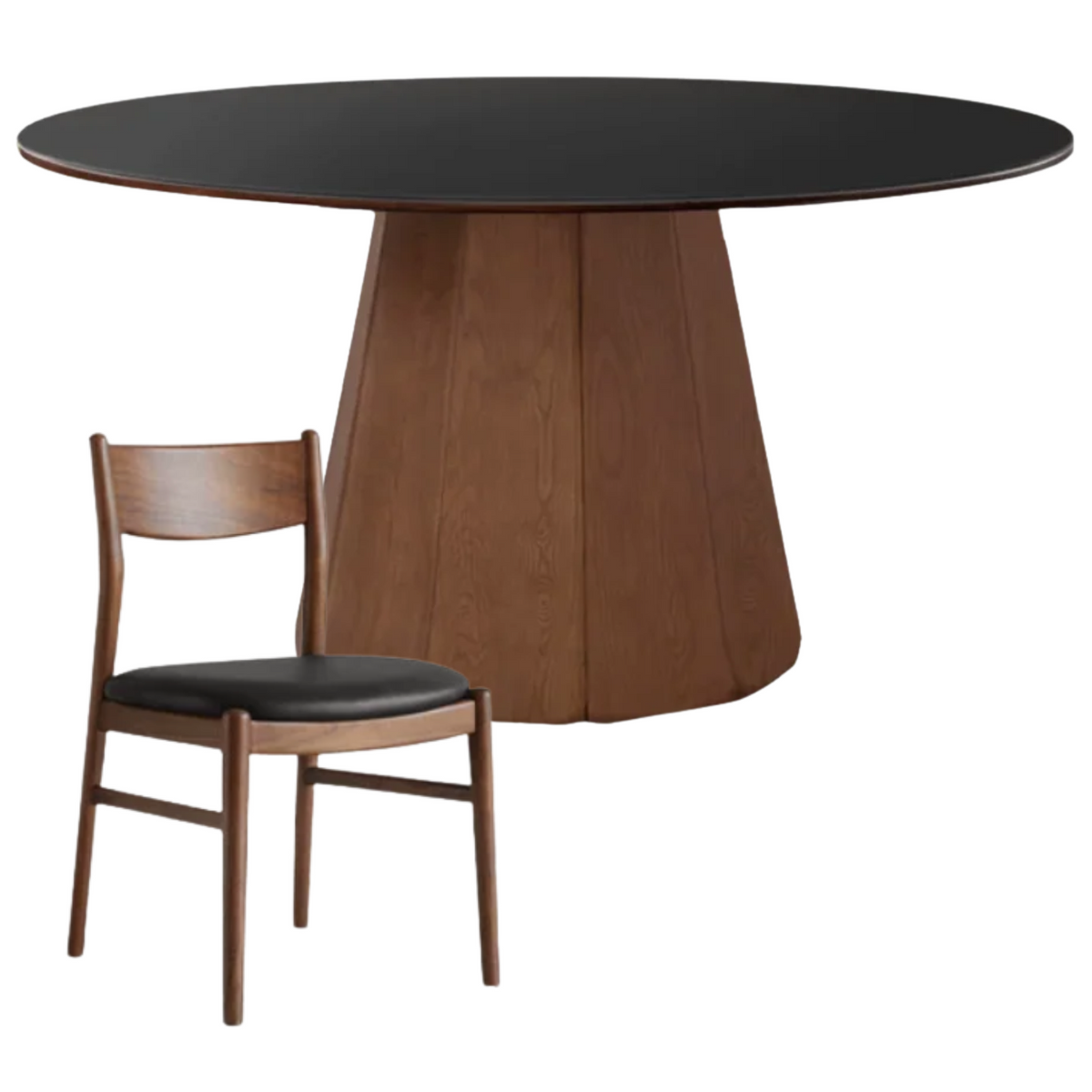 Black Walnut, Ash, Golden Pearwood Solid Wood Round Dining Table with Fluted Cone Pedestal Base