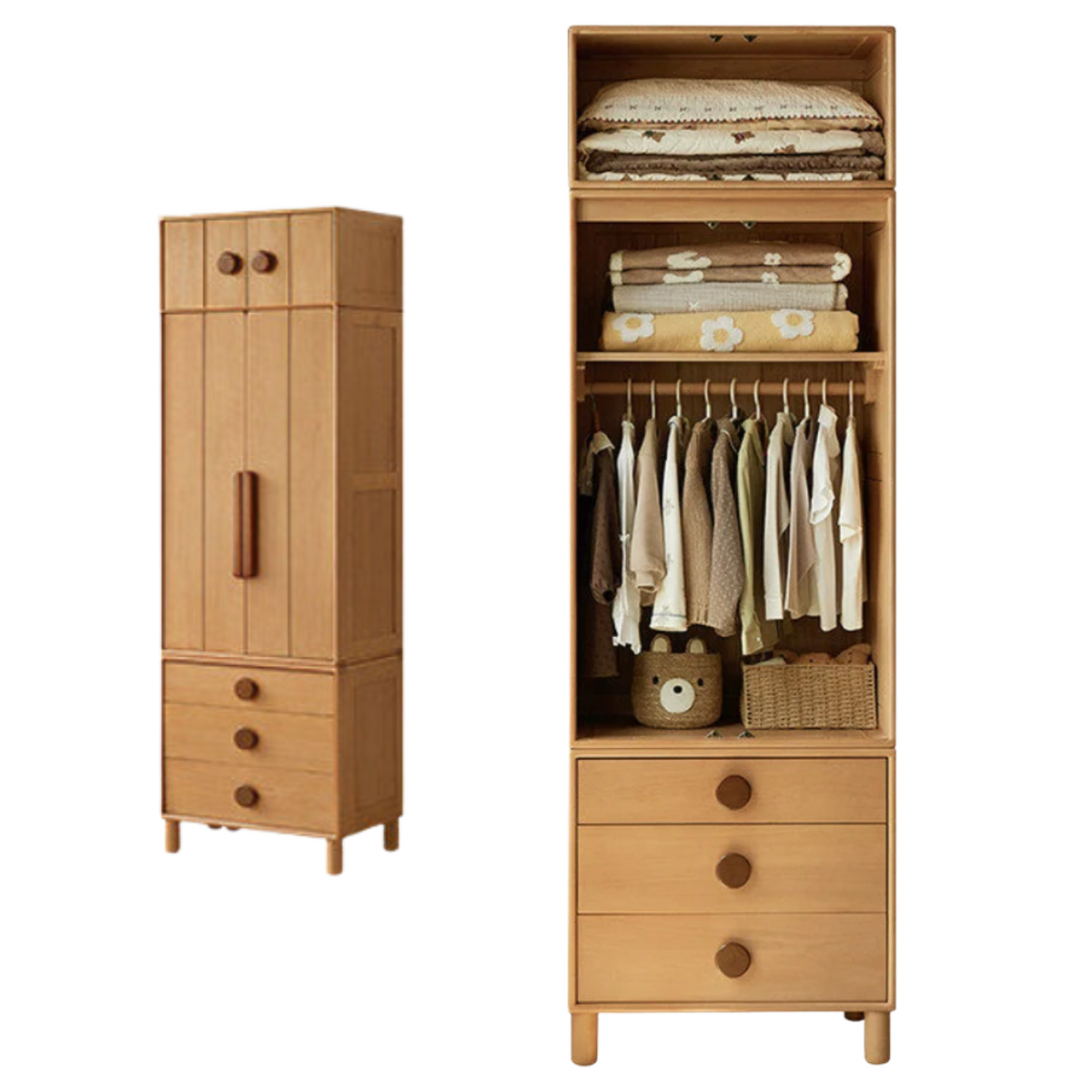 Oak, Beech Solid Wood Kids Wardrobe Free Combination