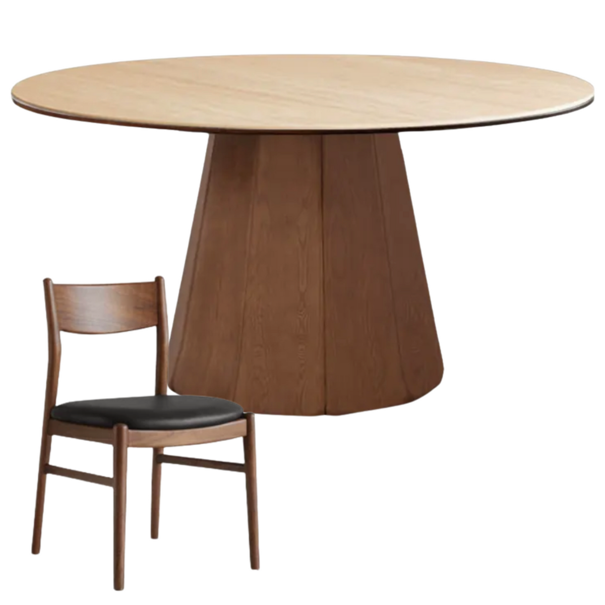 Black Walnut, Ash, Golden Pearwood Solid Wood Round Dining Table with Fluted Cone Pedestal Base