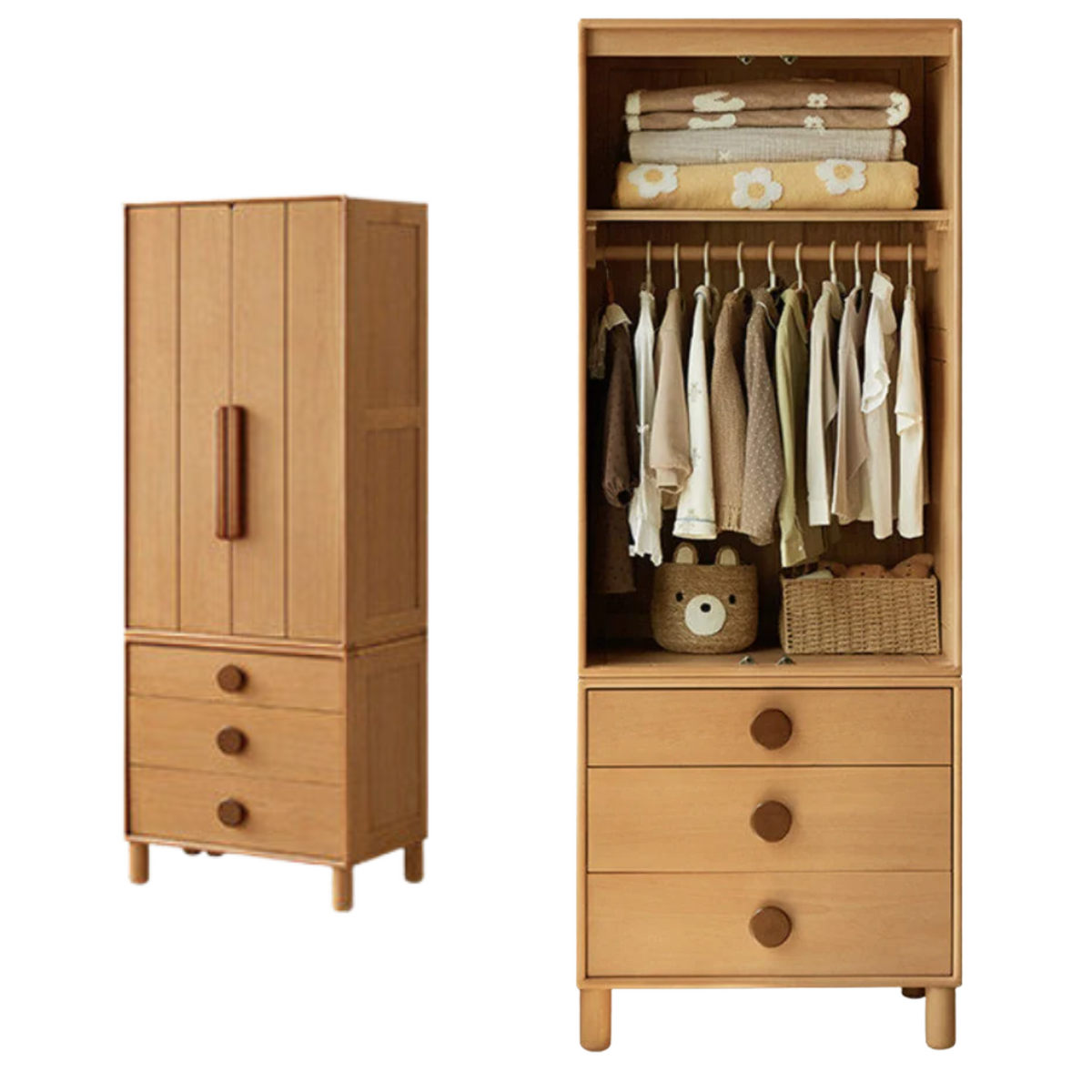 Oak, Beech Solid Wood Kids Wardrobe Free Combination