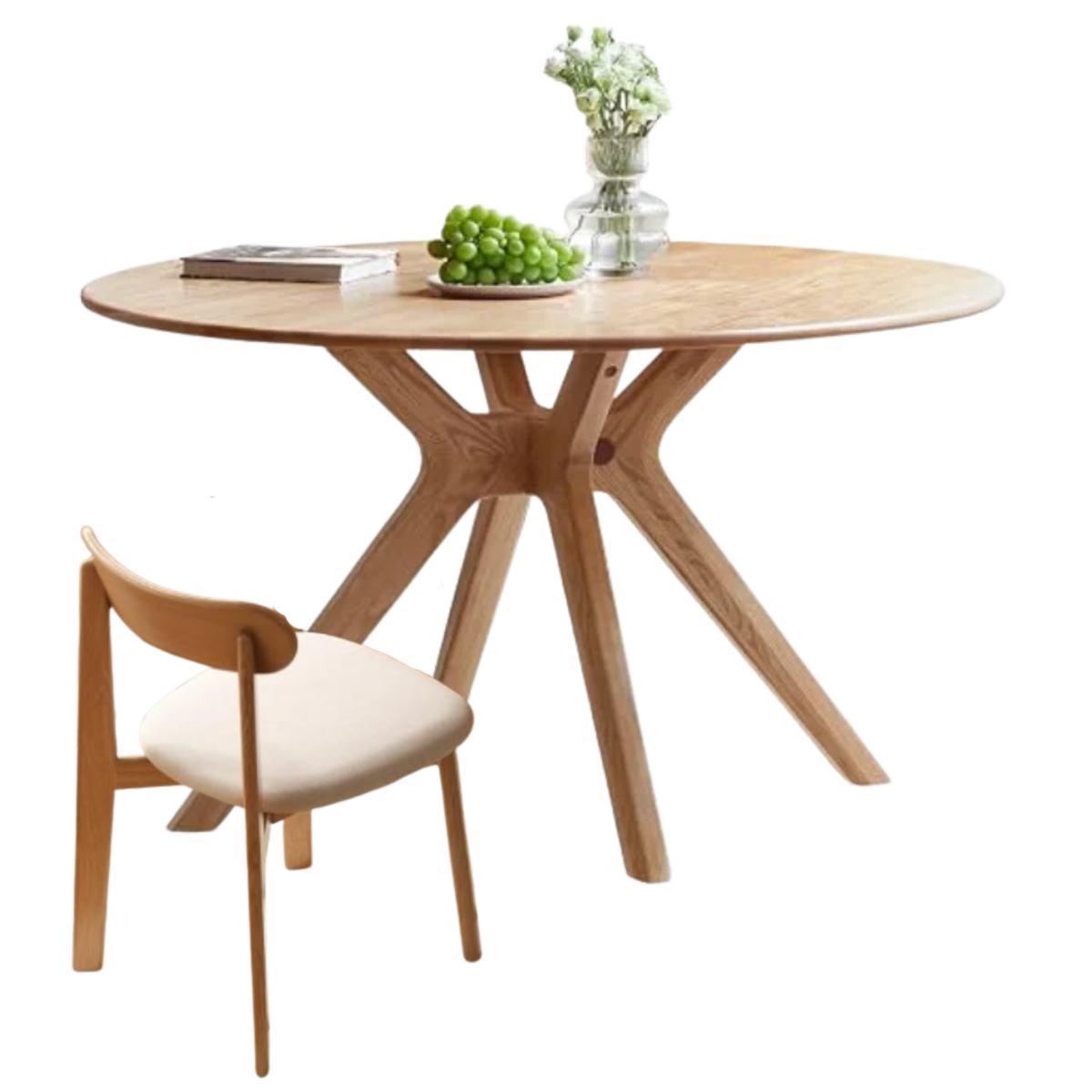 Black Walnut, Oak Solid Wood Round Dining Table with X-Shape Crossed Legs