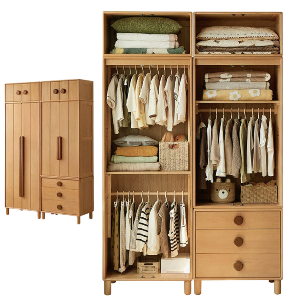 Oak, Beech Solid Wood Kids Wardrobe Free Combination