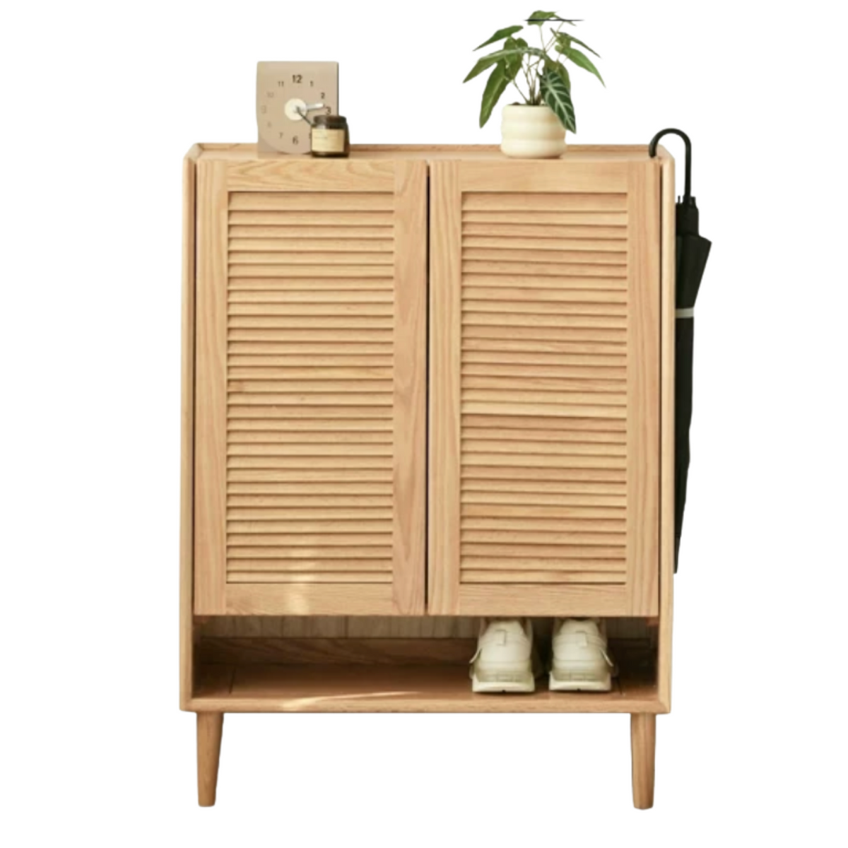 Oak Solid Wood Louvered Door Shoe Cabinet with Open Shelf for Entryway