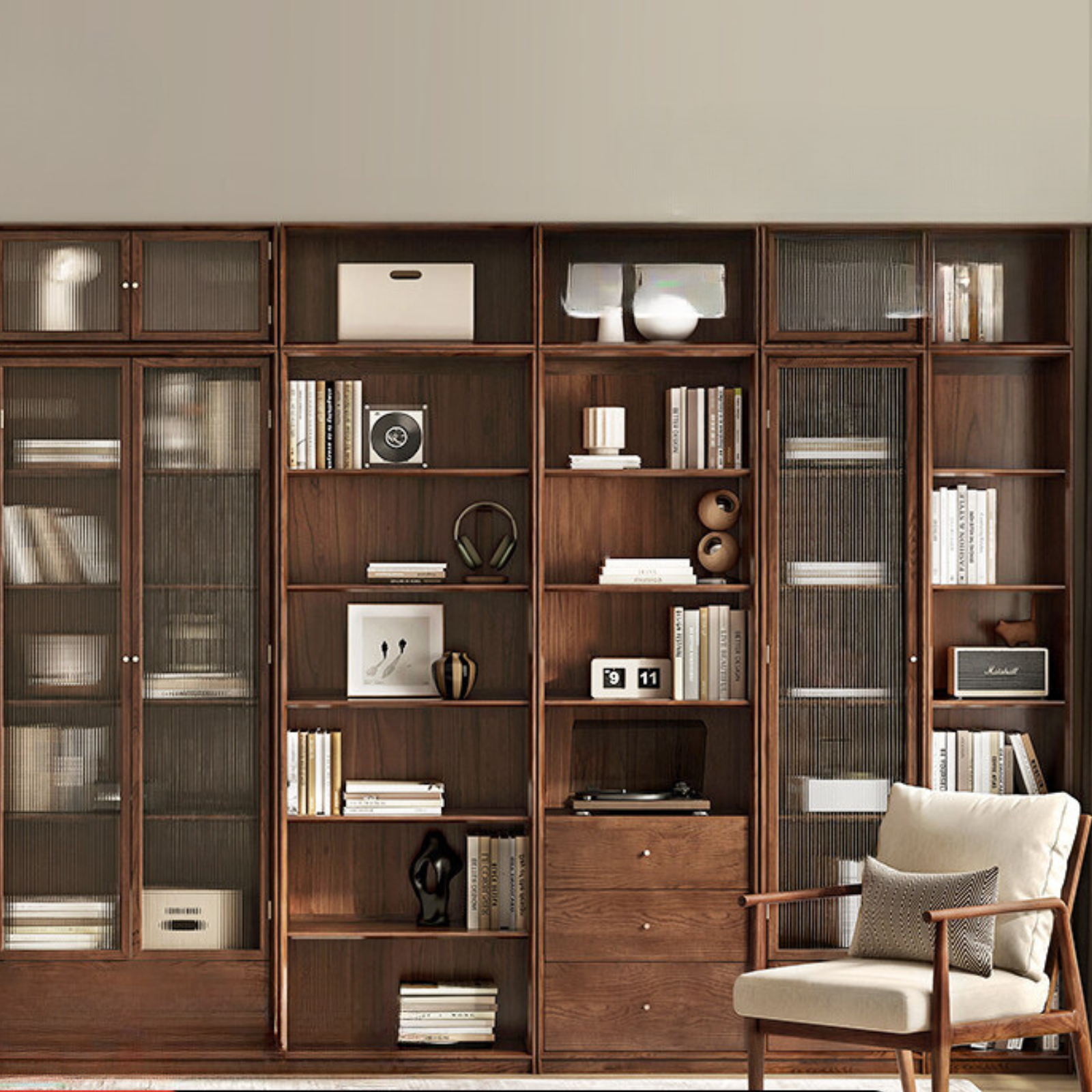 Oak Solid Wood Dust-Proof Glass Door Wall Floor-To-Ceiling Bookshelf