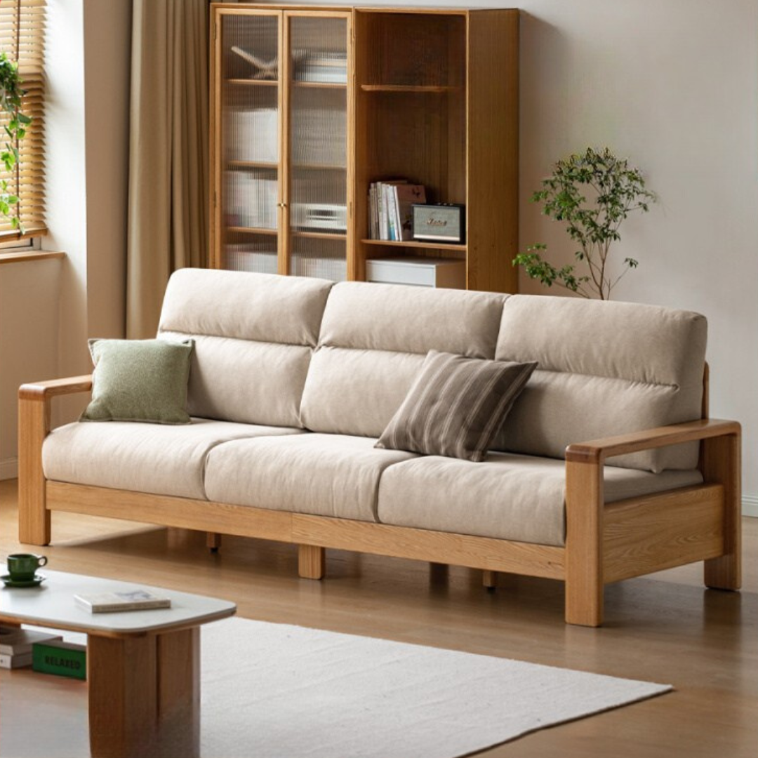 Oak Solid Wood Fabric Straight Sofa Modern.