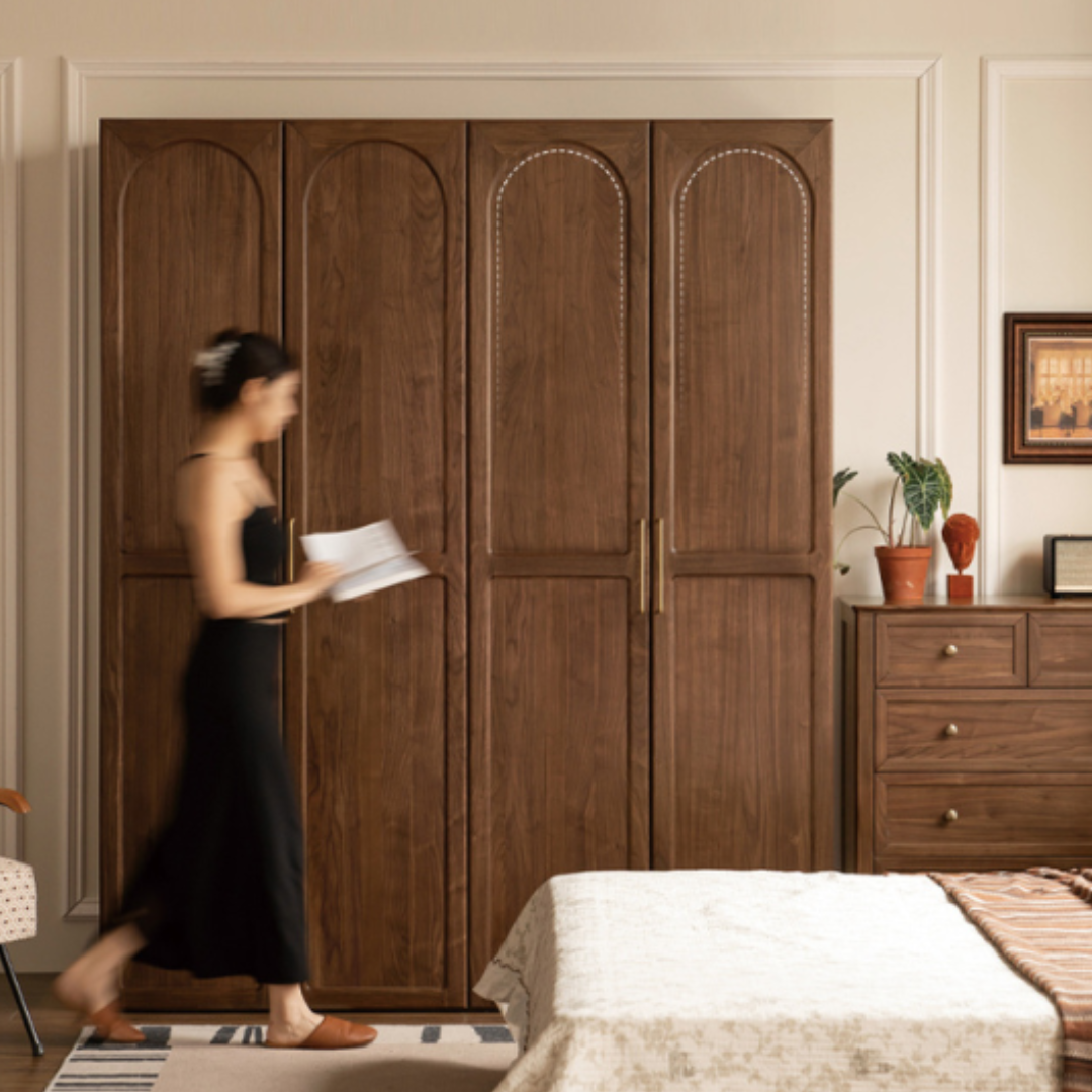 Black Walnut Solid Wood French Retro Wardrobe.