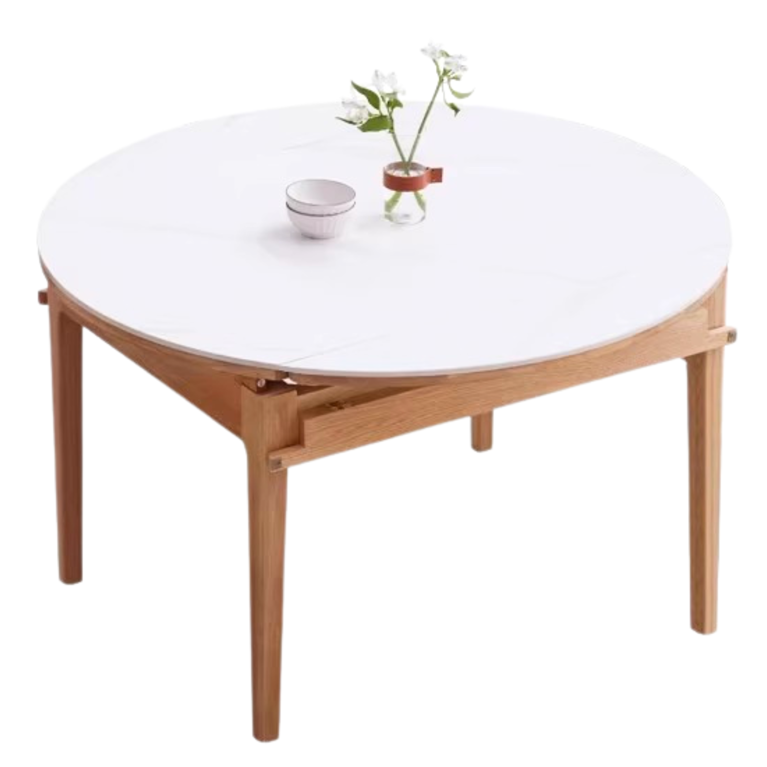 Oak, Solid Rubberwood Round Folding Dining Table With Rock Slab Surface