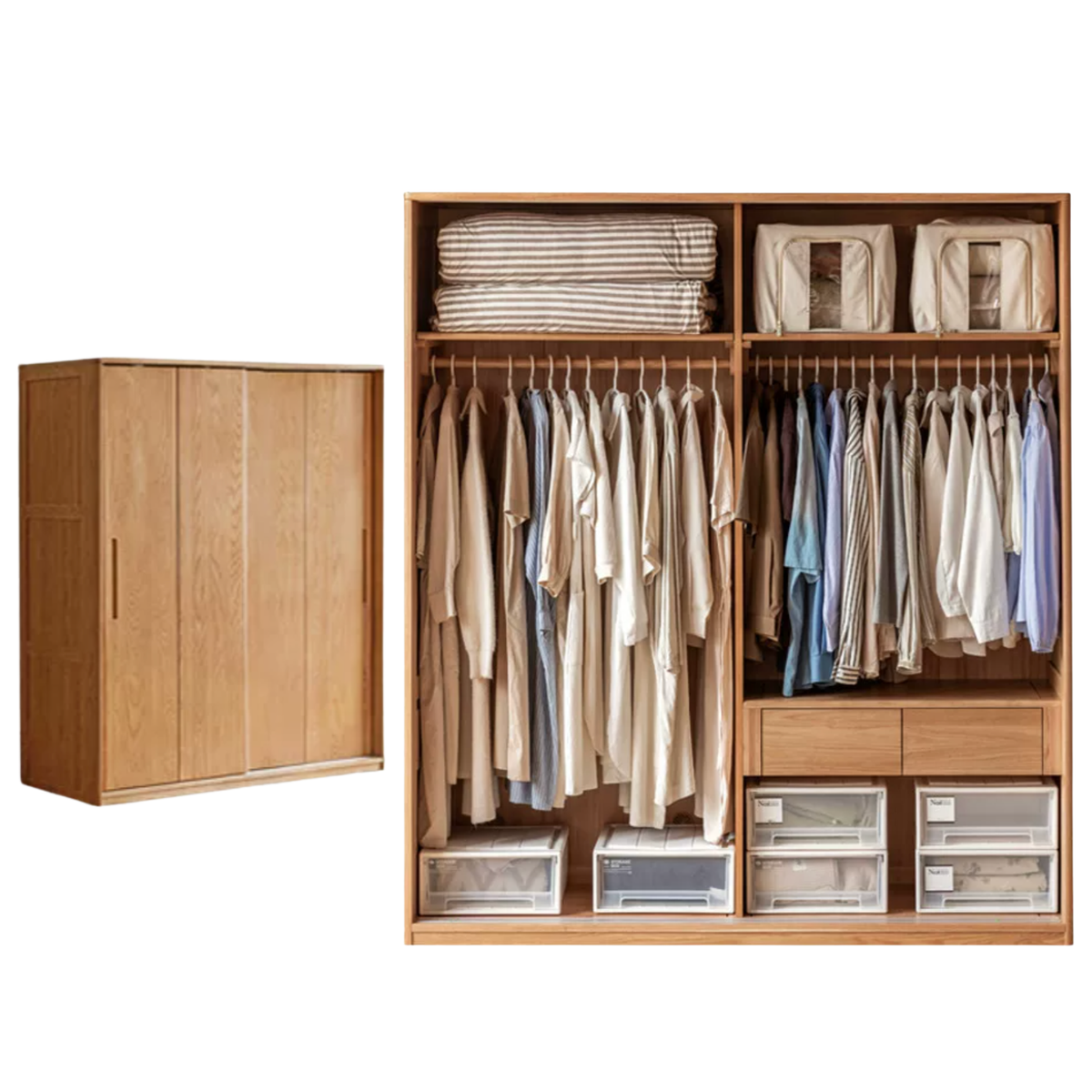 Oak, Ash Solid Wood Sliding Door Wardrobe with Adjustable Height and Rounded Corners