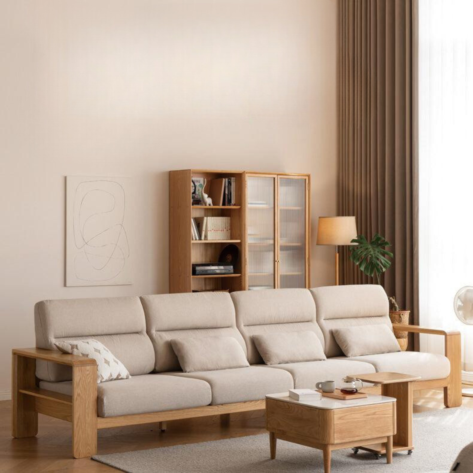 Oak Solid Wood Modern Log Style Corner Fabric Sofa.